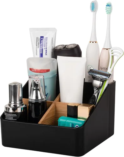 Miniatura 10 de Portacepillos de dientes para baños, soporte para cepillos de dientes de bambú con 5 ranuras, organizador de tocador de baño para encimera