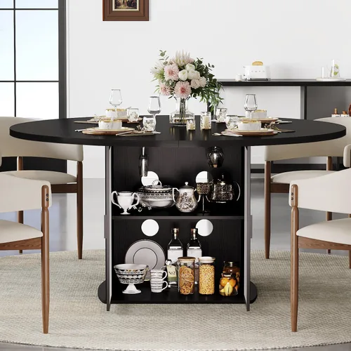 Miniatura 4 de IBF Mesa de comedor redonda negra para 4-6, mesa de cocina de 47 pulgadas con espacio para refrigerador, mesas de comedor modernas