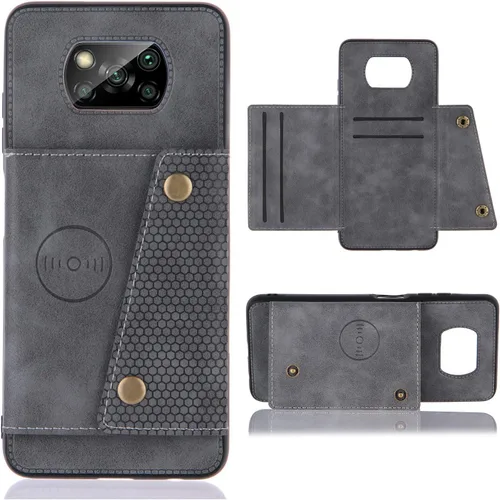 Miniatura 2 de Funda con tarjetero para Xiaomi Poco X3/X3 NFC/X3 Pro, parte trasera con piel sintética plegable doble hebilla multifunción bolsa para tarjetas, Gris