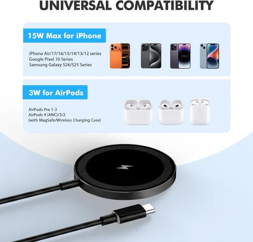 Miniatura 3 de Paquete de 2 cargadores inalámbricos magnéticos de 15 W: almohadilla de carga rápida Qi2 para iPhone Air 17 16 15 14 13 12 Pro Max, Samsung Galaxy