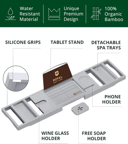 Miniatura 2 de Royal Craft - Bandeja de bambú para bañera con soporte para libro y vino Gris