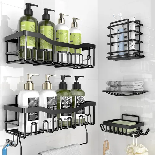 Organizador de ducha de 6 estantes, organizador de baño autoadhesivo, sin taladros y de secado rápido, estante de ducha de acero inoxidable