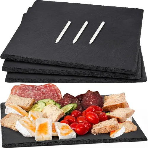 Paquete de 4 tablas de queso de pizarra de 12 x 10 pulgadas, platos de piedra negra, bandeja de charcutería, bandeja de queso gourmet con tizas para