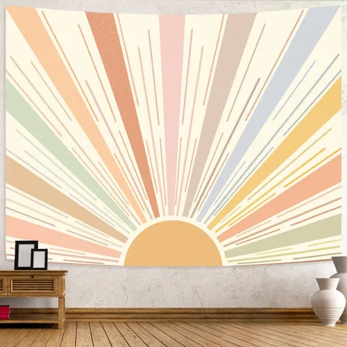 Miniatura 7 de Kanuyee Tapiz de Sol bohemio para colgar en la pared, diseño retro de los años 70, diseño abstracto a rayas, estético, amanecer, vintage