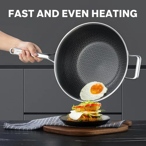 Miniatura 7 de Wok híbrido de 12 pulgadas con tapa, woks antiadherentes de acero inoxidable y sartenes para freír, sartén wok, PFAS PFOA sin PTFE, apto