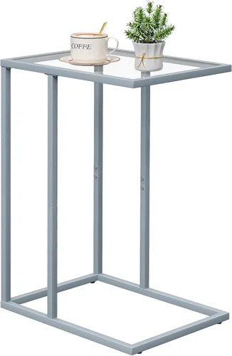 Miniatura 15 de Mesa auxiliar de cristal en C, mesa auxiliar para sofá, mesa auxiliar de vidrio templado con marco de metal, mesa de bandeja de TV para espacio Negro