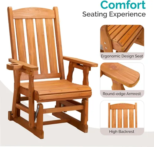 Miniatura 5 de VINGLI Planeador de madera para patio, resistente de 600 libras para exteriores con portavasos, banco de madera individual con respaldo alto