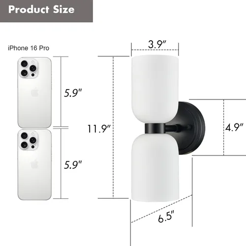 Miniatura 5 de CLAXY Aplique de pared negro moderno de 2 luces de tocador de baño, pantalla de vidrio lechoso para baño, dormitorio, escalera