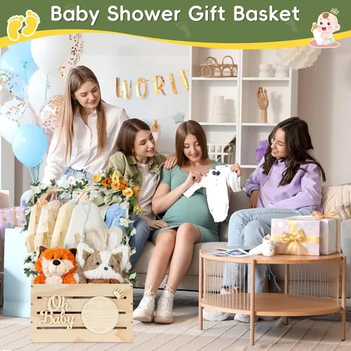 Miniatura 6 de Gran Caja de Madera para Baby Shower, Cesta Personalizable para Baby Shower con Asa y Guirnalda, Caja de Madera para Recién Nacida Niña o Niño
