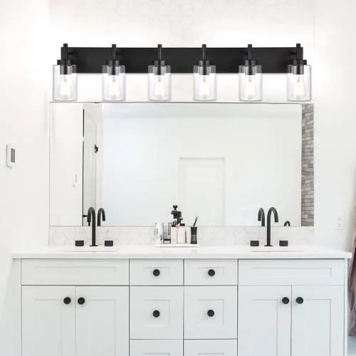 Miniatura 3 de Juego de luz de tocador de baño de 6 luces, lámpara de pared moderna negra con pantalla de vidrio transparente, apliques industriales, lámpara Negro