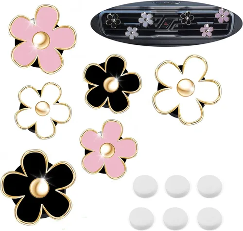 Clip de ventilación de flores para decoración de automóvil con margaritas, accesorios coloridos para interior de mujer, bonito juego (negro, rosa,