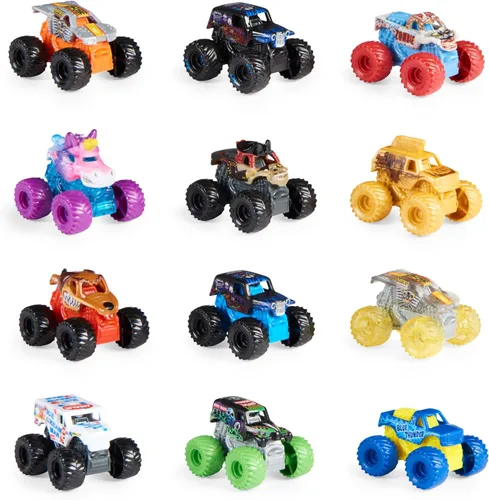 Monster Jam, Paquete de 12 camiones coleccionables mini misteriosos oficiales de Monster Jam, escala 1:87, gran regalo para fiestas de cumpleaños