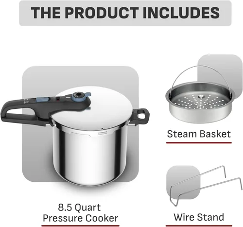 Miniatura 2 de T-fal Trendy - Olla a presión de acero inoxidable, 8.5 cuartos, inducción, mecanismo de bloqueo seguro, apertura fácil y segura, compatible