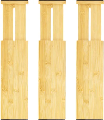 Miniatura 9 de VaeFae Paquete de 6 separadores de cajones de bambú ajustables, organizador de cajones expandible para utensilios de cocina, ropa, baño, oficina, se