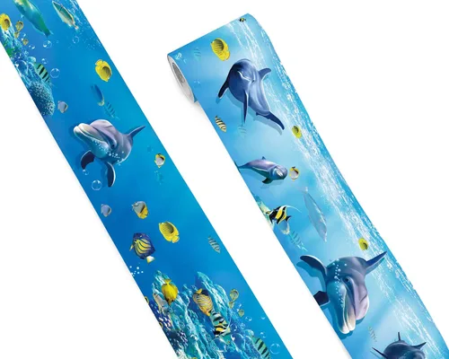 FLFK Cenefa de papel tapiz despegable y pegable, calcomanías de pared para habitación de niños - Murales de calcomanías de peces bajo el mar, 4" x
