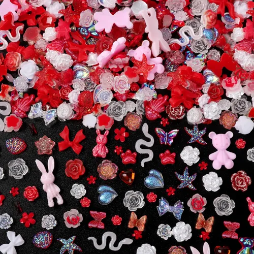 Miniatura 14 de COOSLIM 110 dijes de uñas 3D para uñas acrílicas, flor de camelia, rosa, mariposa, lazo, corazón, oso, conejo, estrella, para diseños de uñas, Negro