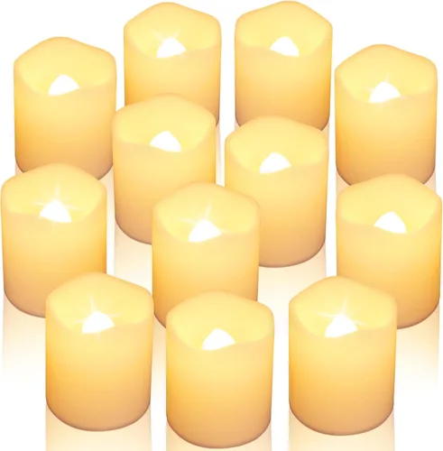 SHYMERY Velas votivas sin llama con temporizador, paquete de 12 velas LED parpadeantes que duran 15 días, 18 horas de apagado en 24 horas, velas de