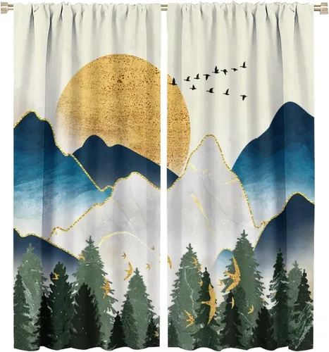 Miniatura 45 de Cortinas opacas con bolsillo para cortinero de montaña forestal, para sala de estar, oscurecimiento de la habitación, estilo japonés, paisaje
