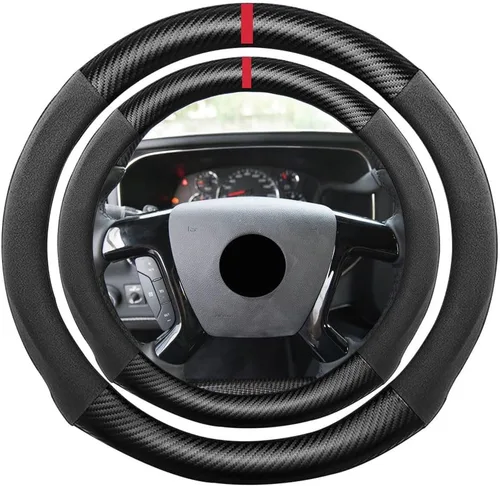 Miniatura 34 de Funda de volante de ante con fibra de carbono de K LAKEY, compatible con Porsche 718 Boxster Cayman 911 Panamera Macan Cayenne de 15 pulgadas, cuero