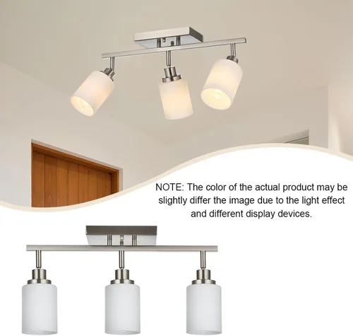 Miniatura 6 de TODOLUZ Accesorios de iluminación de riel para techo, 3 luces de níquel cepillado para pared de techo con vidrio blanco ópalo, base de bombilla E26