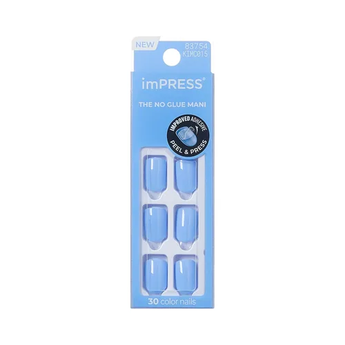 KISS imPRESS Uñas a presión sin pegamento, 'Baby why so Blue', Azul, Tamaño corto, Forma cuadrada, Incluye 30 uñas, almohadilla de preparación, hoja