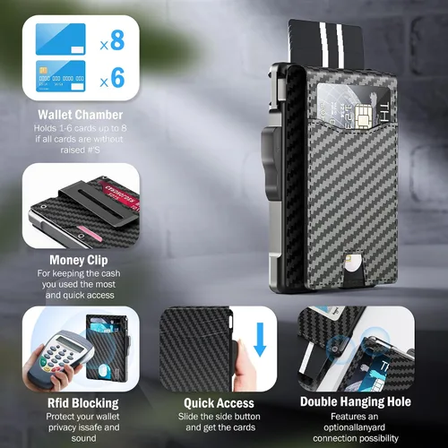 Miniatura 3 de umoven Cartera para hombre con clip para dinero, ranuras de cuero delgadas con bloqueo RFID, billetera minimalista plegable, Fibra de carbono