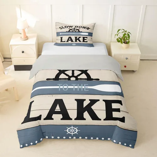 Miniatura 2 de Erosebridal Lake House Twin Bed Set for Boys Girls Kids, Blue and Beige Lakehouse 2Pcs Duvet Cover with Zipper, Rustic Farmhouse Bedding Sets