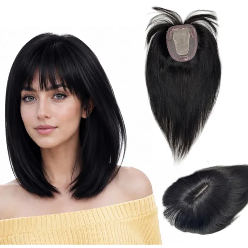 Miniatura 12 de Peluca de cabello humano para mujer con flequillo, peluca con clip para cabello fino + base de cuero cabelludo de poliuretano de alta densidad