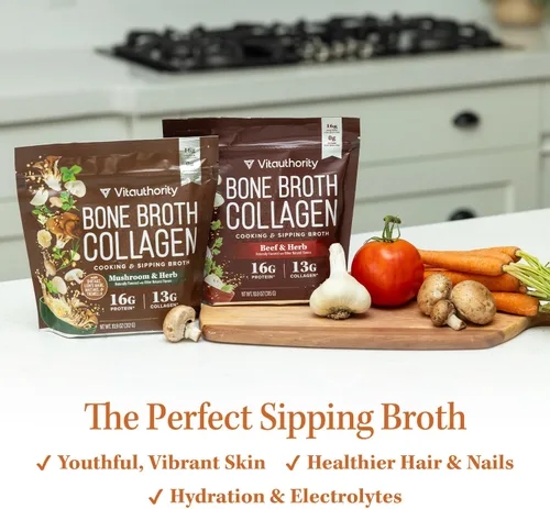 Miniatura 4 de Vitauthority Caldo de Huesos de Colágeno Sabor Delicioso a Pollo con Fideos - Lleno de 16g de Proteína y Tipos I, II, III - Nutre la Piel