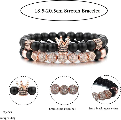 Miniatura 4 de YuziJewy 2 pulseras de cuentas de corona para hombres y mujeres, pulseras de cuentas de ágata negra de 0.315in, pulsera de piedra de ágata negra