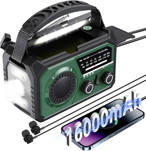 Radio meteorológica de emergencia de 16000 mAh, radio de alerta meteorológica AM/FM/NOAA, manivela, solar, tipo C, radio para exteriores recargable
