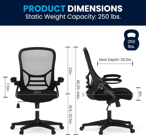 Miniatura 3 de Flash Furniture Porter - Silla de oficina giratoria ergonómica de malla negra con marco negro y brazos abatibles