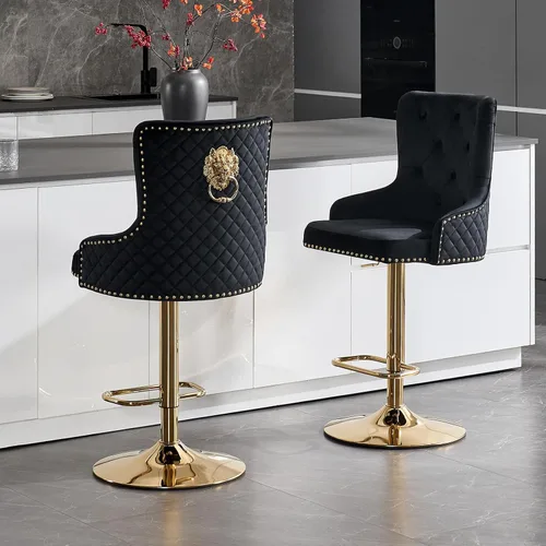 Juego de 2 taburetes de bar de terciopelo dorado, taburetes de bar modernos de altura de mostrador con respaldo capitoné y tirador de anilla de