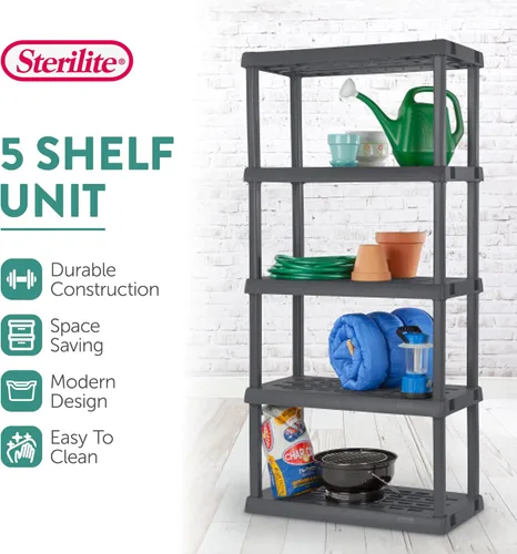 Miniatura 4 de Sterilite Paquete de 4 estantes con 5 estantes, estantes de almacenamiento resistentes para el hogar y el garaje, color gris, estantes organizadores