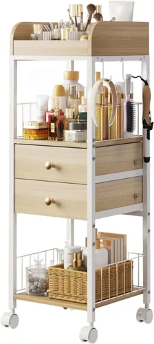 Miniatura 11 de Makeup Organizer Cart, Rolling Floor Skincare Organizer and Storage with 2 Wooden Drawers, Cosmetics Display Cases Holder for Skin Care Perfume Hair