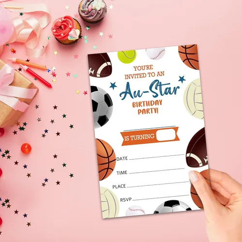 Miniatura 4 de All Star - Tarjetas de invitaciones para fiestas de cumpleaños, suministros para fiestas deportivas para niños, niños o niñas, 20 invitaciones