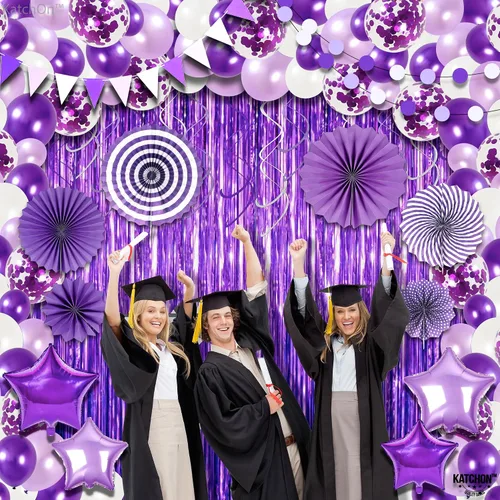 Miniatura 6 de KatchOn, Juego de decoración de fiesta púrpura 2026 – Paquete enorme de 155 globos para arco 2026 Globos 2026, telón de fondo con flecos, Morado