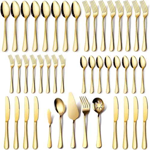 Miniatura 8 de Utensilios de Servicio Dorados, OGORI Juego de 8 Piezas de Cubiertos de Acero Inoxidable Pulido Incluye Cuchara de Servir, Cuchara Ranurada, Oro 8
