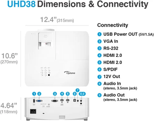 Miniatura 3 de Optoma UHD38 Brillante, verdadero proyector de juegos 4K UHD 4000 lúmenes Tiempo de respuesta de 4,2 ms a 1080p con modo de juego mejorado