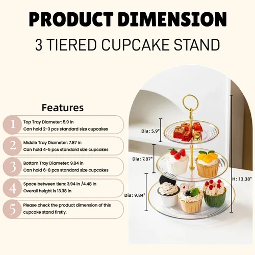Miniatura 3 de RAUVOLFIA Soporte para cupcakes de 3 niveles, soporte pequeño para tartas, soporte de postre de plástico transparente, bandeja para servir pasteles