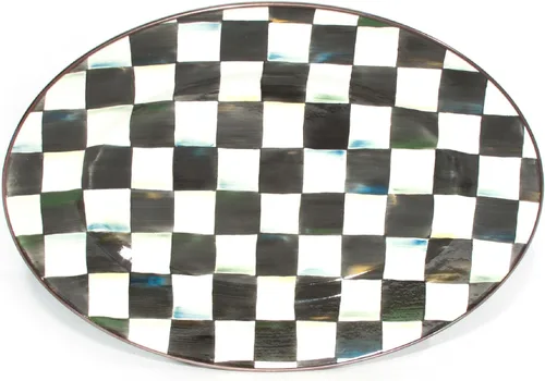 MACKENZIE-CHILDS Bandeja Ovalada de Esmalte, Plato de Servir para Entretenimiento, Pequeño, Cuadros Cortesanos en Blanco y Negro