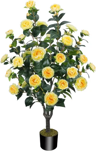 Miniatura 13 de Árbol artificial de 43.3 pulgadas / 3.6 pies con flores de camelia, árbol de otoño falso con 32 flores florecientes, árbol naranja para otoño