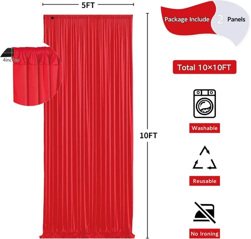 Miniatura 5 de Cortinas de fondo rojo de 10 x 10 pies para fiestas, bodas, sin arrugas, cortinas de fotos rojas, cortinas de telón de fondo para decoración