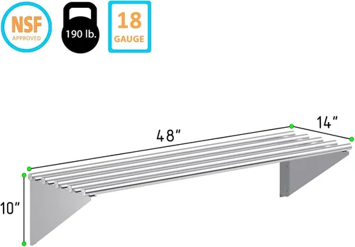Miniatura 2 de Estante tubular de pared de acero inoxidable de alta calidad, 14 pulgadas de profundidad x 48 pulgadas de largo, certificado NSF, estante de pared