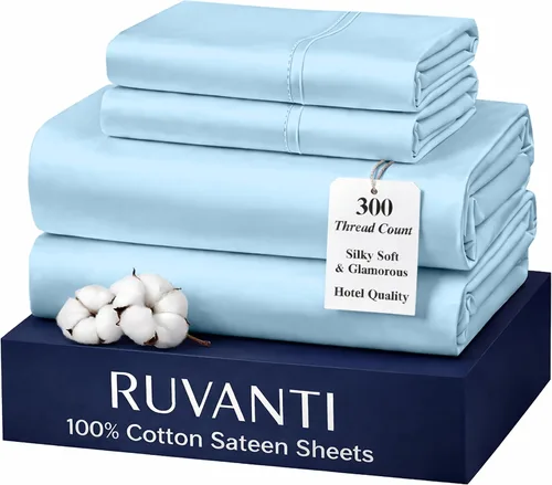 Miniatura 30 de RUVANTI Juego de sábanas de 100 % algodón tamaño matrimonial, tejido de satén suave y sedoso de 300 hilos, refrescante, ligero y transpirable, Beige
