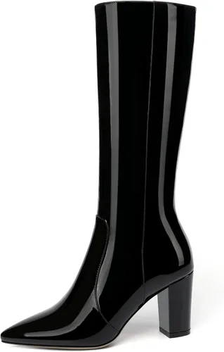 Miniatura 79 de AMBELIGHT Botas altas hasta la rodilla con cremallera y puntera puntiaguda para mujer, de patente sólida, tacón alto, 3.3 pulgadas