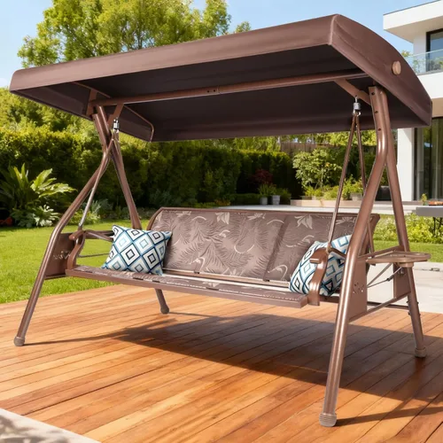 Miniatura 12 de ZZW Columpio de patio para 3 personas para adultos con toldo ajustable y portavasos mejorados, tela de textileno, silla de columpio con soporte Verde