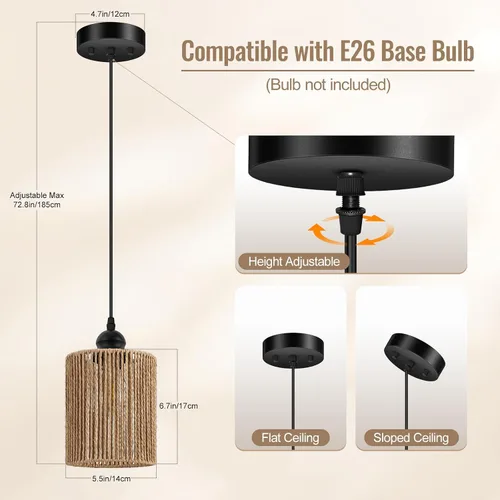 Miniatura 2 de BoostArea Luces Colgantes de Ratán para Isla de Cocina, Candelabro de Estilo Rústico con Pantalla de Mimbre Tejida a Mano, Luz Colgante Bohemia