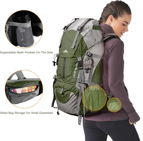 Miniatura 5 de Mochila Loowoko de 50 l para senderismo, impermeable, con cubierta para la lluvia, mochila esencial para acampar, mochila ligera de 45 + 5 litros