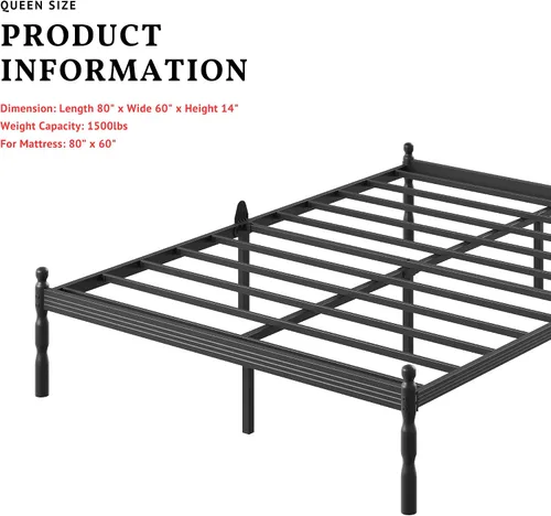 Miniatura 3 de ZIYOO Marco de cama Queen de metal de 14 pulgadas con estilo vintage, tope deslizante para colchón, listones de acero resistente de 1500 libras,